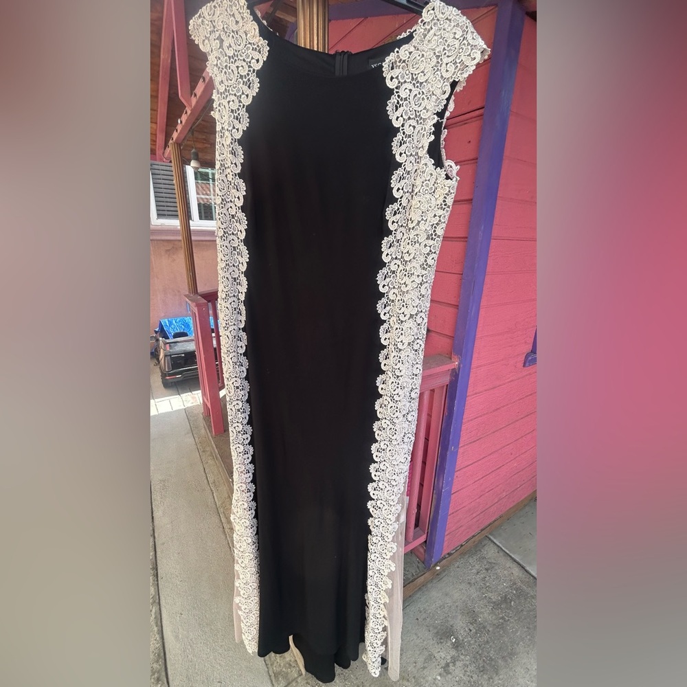 Xscape Black Maxi Dress with White Lace Accents